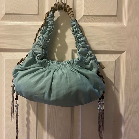 Cromia leather Blue shoulder bag Khaki & brown accent silver tone chain charms - Picture 1 of 16